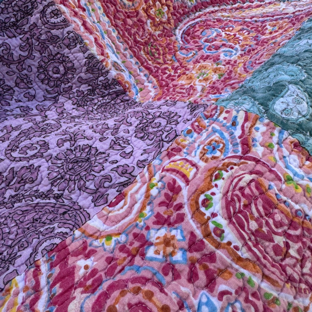 Cynthia Rowley Quilt Set Full Queen Purple Pink Paisley Patchwork 3pc Cotton - Picture 11 of 16